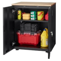 Husky Heavy Duty Welded 20-Gauge Steel 2-Door Garage Base Cabinet In Black (28 In. W X 32 In. H X 21.5 In. D) -Husky Tools Shop black husky free standing cabinets htc1000001 77 1000