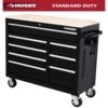 Husky 42 In. W X 18 In. D 8-Drawer Black Mobile Workbench Cabinet With Solid Wood Top -Husky Tools Shop black husky mobile workbenches h42mwc8blk 64 1000