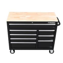 Husky 42 In. W X 18 In. D 8-Drawer Black Mobile Workbench Cabinet With Solid Wood Top -Husky Tools Shop black husky mobile workbenches h42mwc8blk a0 1000