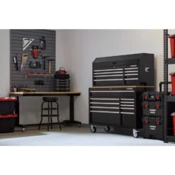 Husky Modular Tool Storage 52 In. W Standard Duty Black Mobile Workbench Cabinet With 8-Drawer Top Tool Chest -Husky Tools Shop black husky mobile workbenches h52modsuite1 1d 1000