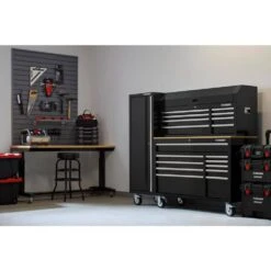 Husky Modular Tool Storage 72 In. W Standard Duty Black Mobile Workbench With 8-Drawer Top Tool Chest And 20 In. Side Locker -Husky Tools Shop black husky mobile workbenches h52modsuite3 4f 1000