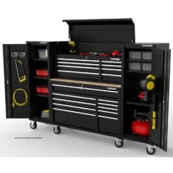 Husky Modular Tool Storage 92 In. W Standard Duty Black Mobile Workbench With 52 In. Top Tool Chest And (2) 20 In Side Lockers -Husky Tools Shop black husky mobile workbenches h52modsuite4 e1 1000