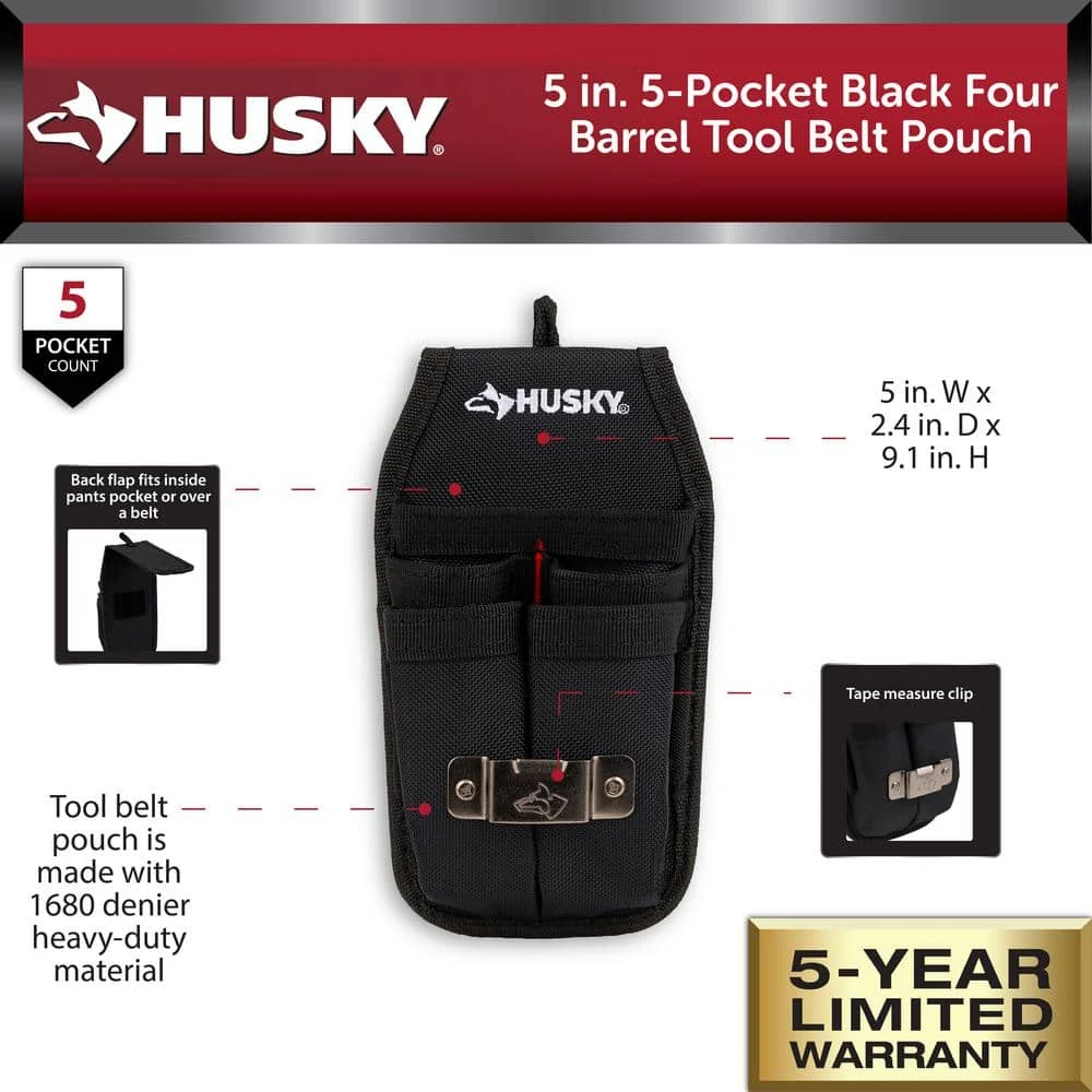 Husky 5 In. 5-Pocket Black Four Barrel Tool Belt Pouch 4 Husky 5 In. 5-Pocket Black Four Barrel Tool Belt Pouch - Image 2