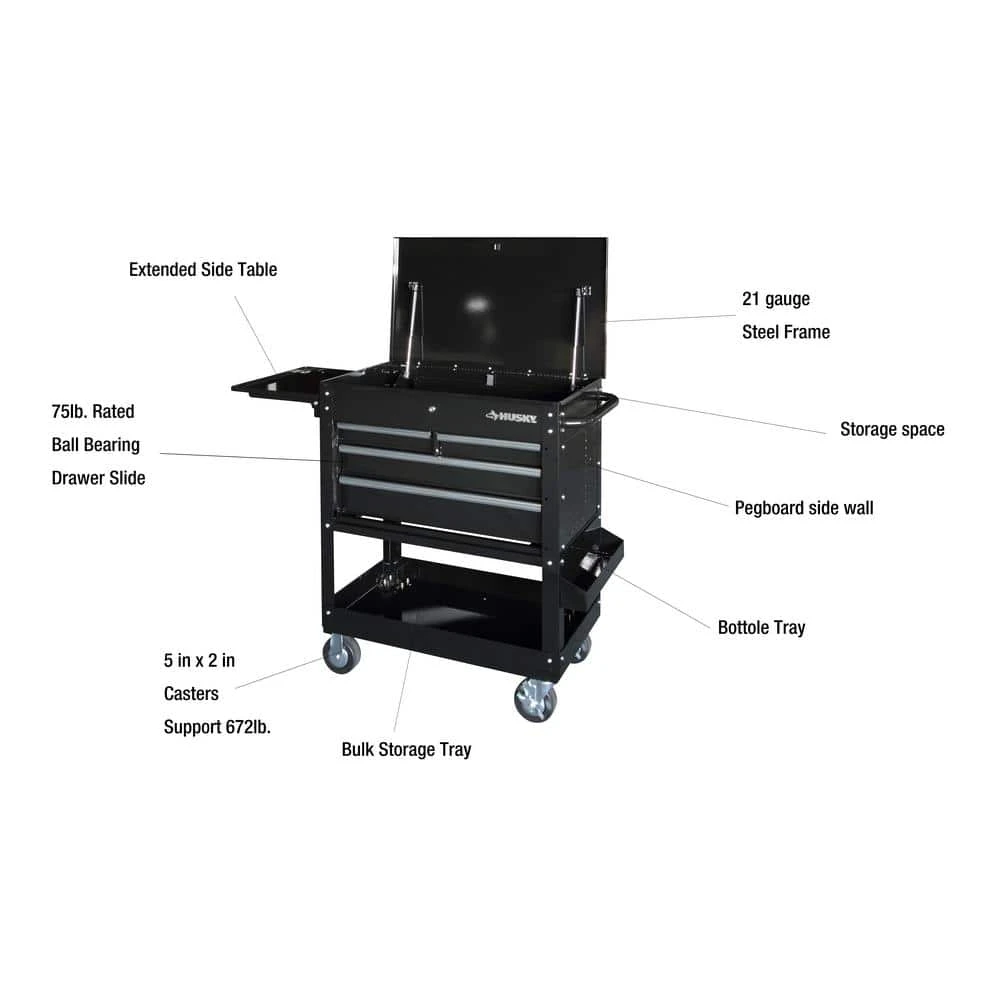 Husky Tool Storage 33 In. W Mechanics Cart With Extended Side Table And Bottle Tray 5 Husky Tool Storage 33 In. W Mechanics Cart With Extended Side Table And Bottle Tray - Image 3
