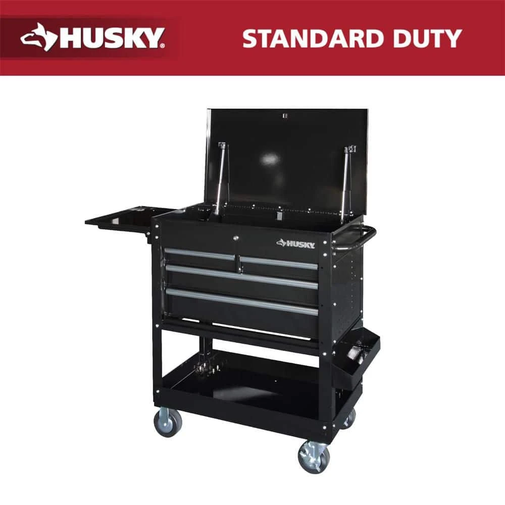 Husky Tool Storage 33 In. W Mechanics Cart With Extended Side Table And Bottle Tray 3 Husky Tool Storage 33 In. W Mechanics Cart With Extended Side Table And Bottle Tray