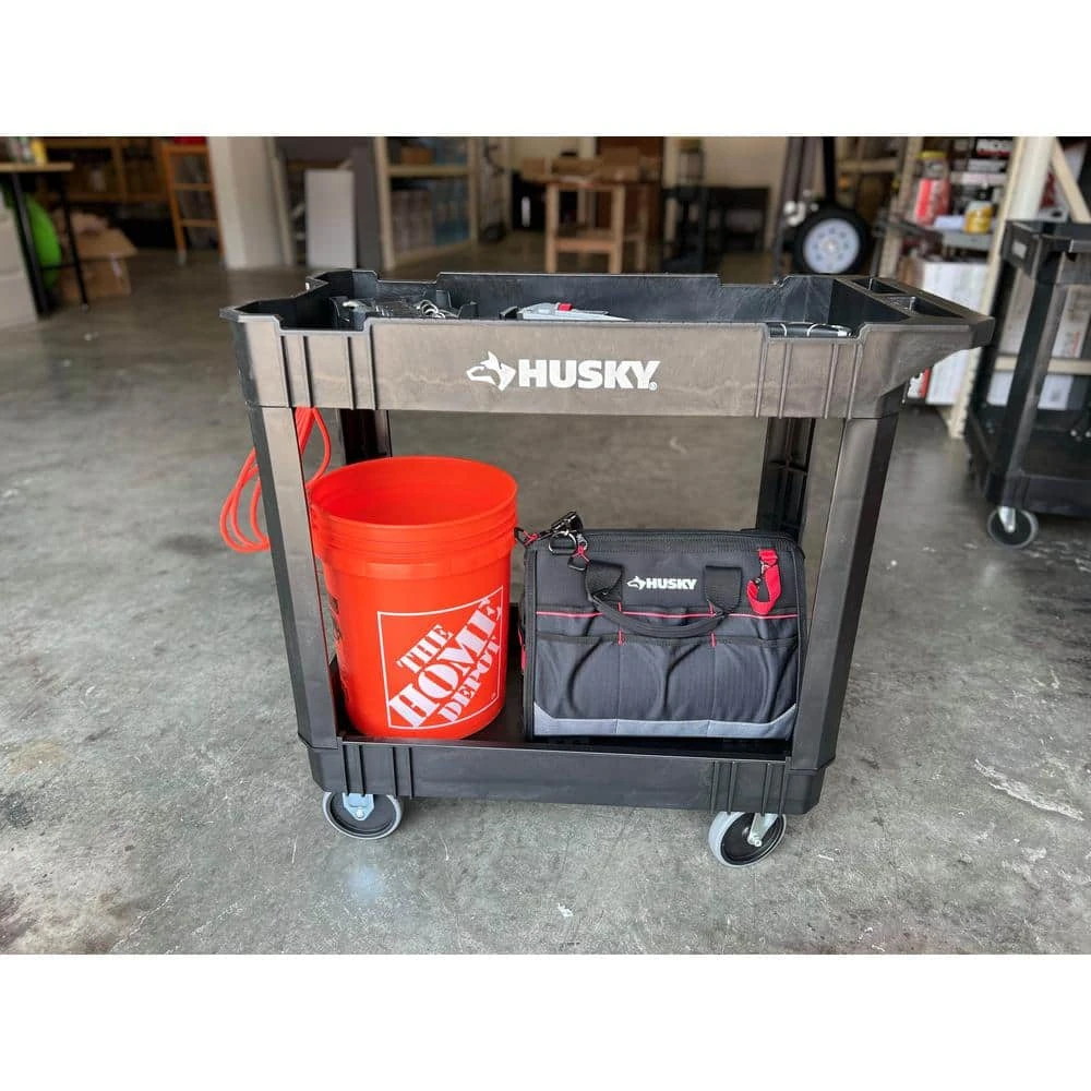 Husky 2-Tier Plastic 4-Wheeled Service Cart In Black With 500 Lbs. Capacity 10 Husky 2-Tier Plastic 4-Wheeled Service Cart In Black With 500 Lbs. Capacity - Image 8