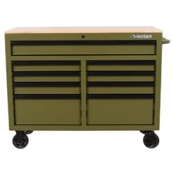 Husky 46 In. W X 18.1 In. D 9-Drawer Army Green Mobile Workbench Cabinet With Solid Wood Top -Husky Tools Shop gloss army green husky mobile workbenches h46x18mwc9army m 1d 1000