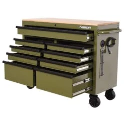Husky 46 In. W X 18.1 In. D 9-Drawer Army Green Mobile Workbench Cabinet With Solid Wood Top -Husky Tools Shop gloss army green husky mobile workbenches h46x18mwc9army m d4 1000