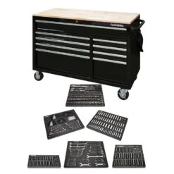 Husky 52 In. W X 25 In. D 9-Drawer Gloss Black Mobile Workbench Tool Chest With Mechanics Tool Set In Foam (370-Piece)