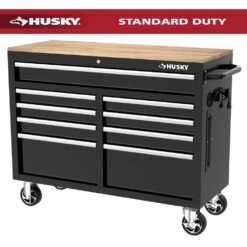 Husky Tool Storage 46 In. W X 18 In. D 9-Drawer Mobile Workbench Cabinet In Gloss Black