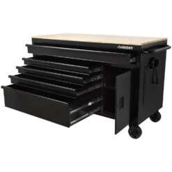 Husky 56 In. W X 24.5 In. D Deep 5-Drawer 1-Door Gloss Black Deep Tool Chest Mobile Workbench With Hardwood Top -Husky Tools Shop gloss black husky mobile workbenches h56mwc5gbkxd tl 77 1000