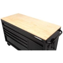 Husky 56 In. W X 24.5 In. D Deep 5-Drawer 1-Door Gloss Black Deep Tool Chest Mobile Workbench With Hardwood Top -Husky Tools Shop gloss black husky mobile workbenches h56mwc5gbkxd tl a0 1000