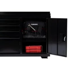 Husky 56 In. W X 24.5 In. D Deep 5-Drawer 1-Door Gloss Black Deep Tool Chest Mobile Workbench With Hardwood Top -Husky Tools Shop gloss black husky mobile workbenches h56mwc5gbkxd tl fa 1000