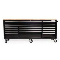 Husky 84 In. W 18 In. D 15-Drawer Mobile Workbench With Wood Top In Gloss Black -Husky Tools Shop gloss black husky mobile workbenches hotc8415b11m 4f 1000