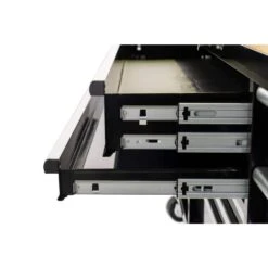 Husky 84 In. W 18 In. D 15-Drawer Mobile Workbench With Wood Top In Gloss Black -Husky Tools Shop gloss black husky mobile workbenches hotc8415b11m 76 1000