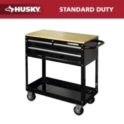 Husky Tool Storage 3-Drawer 36 In. W Standard Duty Gloss Black Rolling Tool Cart With Hardwood Top