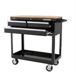 Husky Tool Storage 3-Drawer 36 In. W Standard Duty Gloss Black Rolling Tool Cart With Hardwood Top -Husky Tools Shop gloss black husky tool carts houc3603b1qwk c3 1000