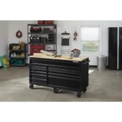 Husky 62 In. W X 36 In. D Standard Duty 12-Drawer Mobile Workbench Tool Chest With Full Length Extension Table In All Black -Husky Tools Shop gloss black with black trim husky mobile workbenches hotc6212b11m 1d 1000