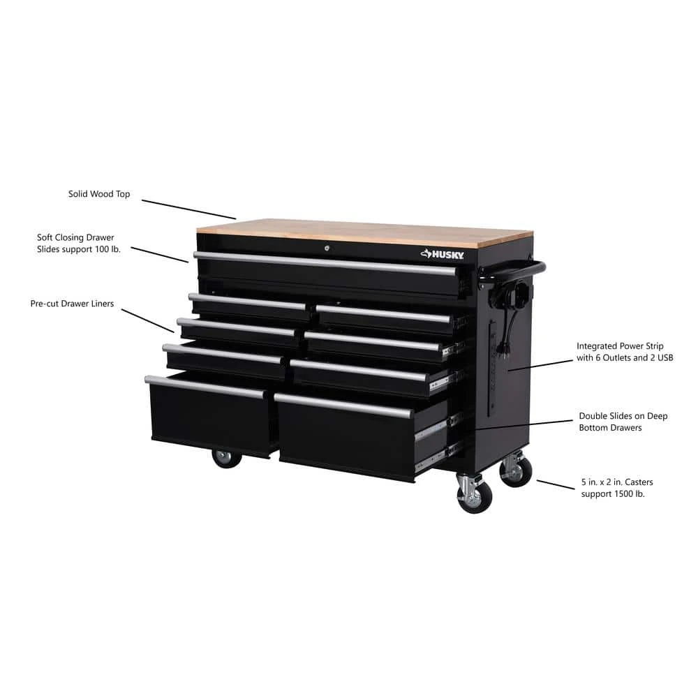 Husky 46 In. W X 18 In. D 9-Drawer Black Mobile Workbench Cabinet 14 Husky 46 In. W X 18 In. D 9-Drawer Black Mobile Workbench Cabinet - Image 12