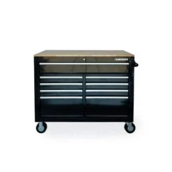 Husky 46 In. X 25 In. D 9-Drawer Mobile Workbench With Adjustable Height Wood Top In Gloss Black -Husky Tools Shop gloss black with silver trim husky mobile workbenches holc4609b11m 1f 1000