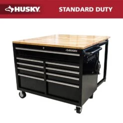 Husky Tool Storage 46 In. W X 51 In. D Standard Duty Black Mobile Workbench Cabinet With Solid Top Full Length Extension Table