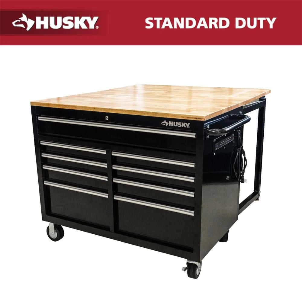 Husky Tool Storage 46 In. W X 51 In. D Standard Duty Black Mobile Workbench Cabinet With Solid Top Full Length Extension Table 3 Husky Tool Storage 46 In. W X 51 In. D Standard Duty Black Mobile Workbench Cabinet With Solid Top Full Length Extension Table