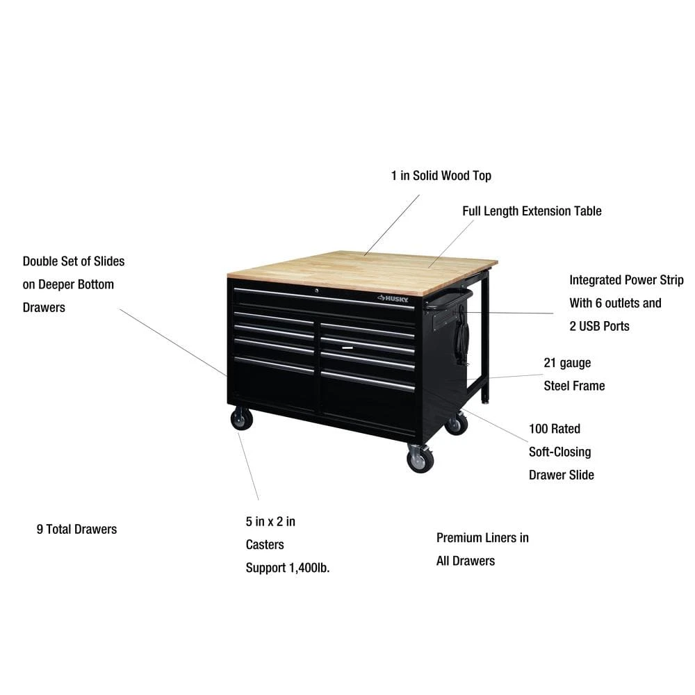 Husky Tool Storage 46 In. W X 51 In. D Standard Duty Black Mobile Workbench Cabinet With Solid Top Full Length Extension Table 4 Husky Tool Storage 46 In. W X 51 In. D Standard Duty Black Mobile Workbench Cabinet With Solid Top Full Length Extension Table - Image 2