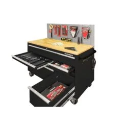 Husky 52 In. W X 24.5 In. D 9-Drawer Standard Duty Mobile Workbench Tool Chest With Solid Work Top And Pegboard In Gloss Black -Husky Tools Shop gloss black with silver trim husky mobile workbenches hotc5209b13m 44 1000