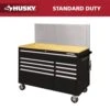Husky 52 In. W X 24.5 In. D 9-Drawer Standard Duty Mobile Workbench Tool Chest With Solid Work Top And Pegboard In Gloss Black -Husky Tools Shop gloss black with silver trim husky mobile workbenches hotc5209b13m 64 1000