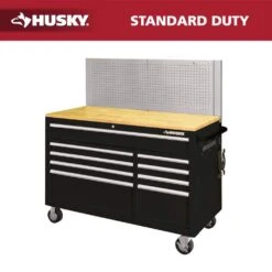 Husky 52 In. W X 24.5 In. D 9-Drawer Standard Duty Mobile Workbench Tool Chest With Solid Work Top And Pegboard In Gloss Black
