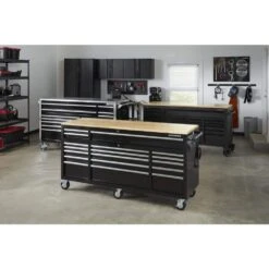 Husky Tool Storage 72 In. W Standard Duty Gloss Black Mobile Workbench Tool Chest -Husky Tools Shop gloss black with silver trim husky mobile workbenches hotc7218b12m c3 1000
