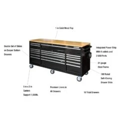 Husky 72 In. W X 24 In. D 18-Drawer Standard Duty Mobile Workbench Cabinet With Solid Wood Top And Pegboard In Gloss Black -Husky Tools Shop gloss black with silver trim husky mobile workbenches hotc7218b13m 31 1000