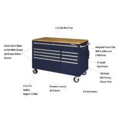 Husky 52 In. W X 25 In. D 9-Drawer Gloss Blue Mobile Workbench Tool Chest With Mechanics Tool Set In Foam (370-Piece) -Husky Tools Shop gloss blue husky mobile workbenches h370eva52mwbblucb 1d 1000