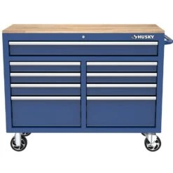 Husky Tool Storage 46 In. W X 18 In. D 9-Drawer Gloss Blue Mobile Workbench Cabinet -Husky Tools Shop gloss blue husky mobile workbenches h46x18mwc9blu 1d 1000