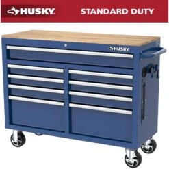 Husky Tool Storage 46 In. W X 18 In. D 9-Drawer Gloss Blue Mobile Workbench Cabinet