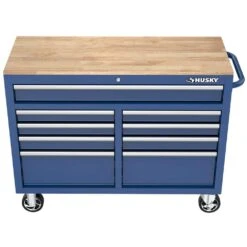 Husky Tool Storage 46 In. W X 18 In. D 9-Drawer Gloss Blue Mobile Workbench Cabinet -Husky Tools Shop gloss blue husky mobile workbenches h46x18mwc9blu fa 1000