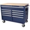 Husky 46 In. W X 24.5 In. D Standard Duty 9-Drawer Mobile Workbench Cabinet With Solid Wood Top In Gloss Blue -Husky Tools Shop gloss blue with silver trim husky mobile workbenches h46mwc9gbv2 64 1000