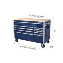 Husky 52 In. W X 25 In. D 10-Drawer Mobile Workbench Tool Chest With Solid Wood Work Top In Gloss Blue -Husky Tools Shop gloss blue with silver trim husky mobile workbenches h52mwc10blu 31 1000
