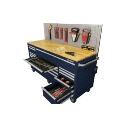 Husky 72 In. W X 24 In. D 18-Drawer Standard Duty Mobile Workbench Tool Chest With Solid Wood Top And Pegboard In Gloss Blue -Husky Tools Shop gloss blue with silver trim husky mobile workbenches hotc7218b32m 4f 1000