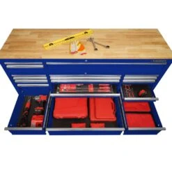 Husky 72 In. W X 24 In. D 18-Drawer Standard Duty Mobile Workbench Tool Chest With Solid Wood Top And Pegboard In Gloss Blue -Husky Tools Shop gloss blue with silver trim husky mobile workbenches hotc7218b32m a0 1000