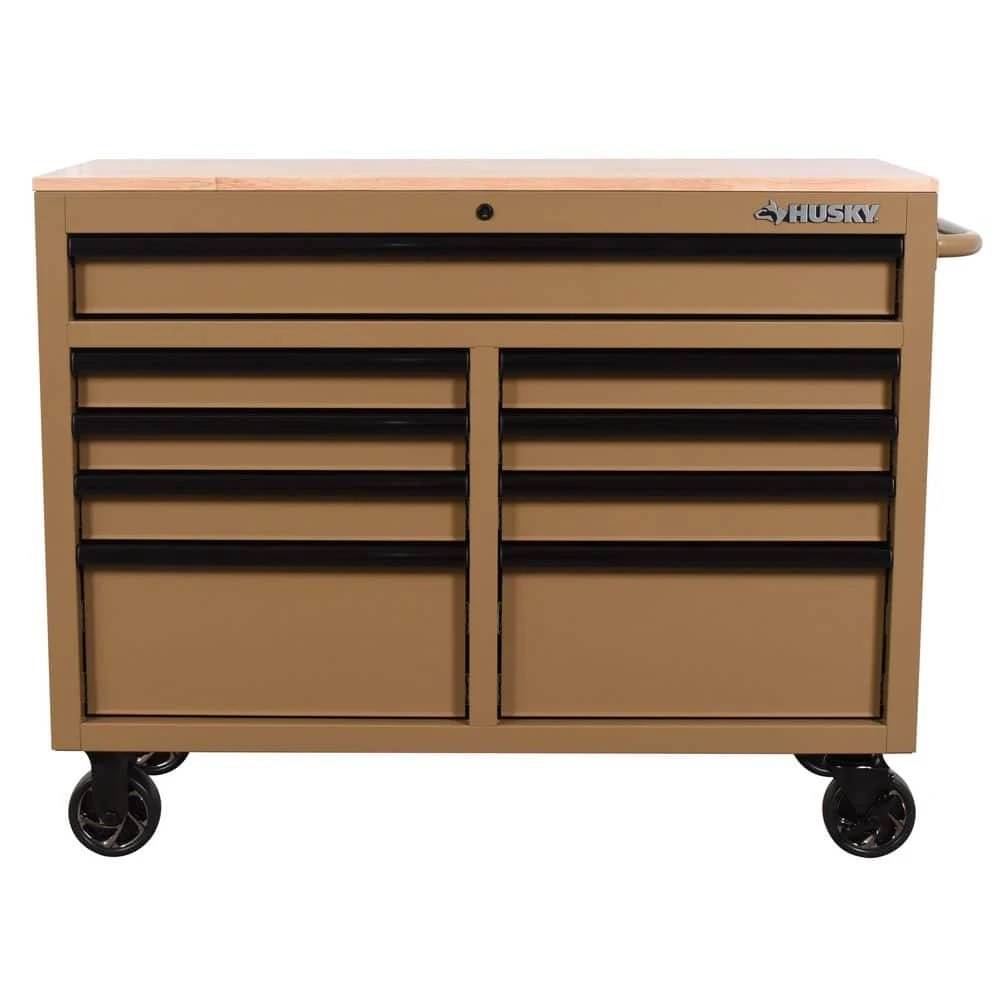 Husky Standard Duty 46 In. W X 18 In. D 9-Drawer Gloss Tan Mobile Workbench Cabinet With Solid Wood Top 5 Husky Standard Duty 46 In. W X 18 In. D 9-Drawer Gloss Tan Mobile Workbench Cabinet With Solid Wood Top - Image 3