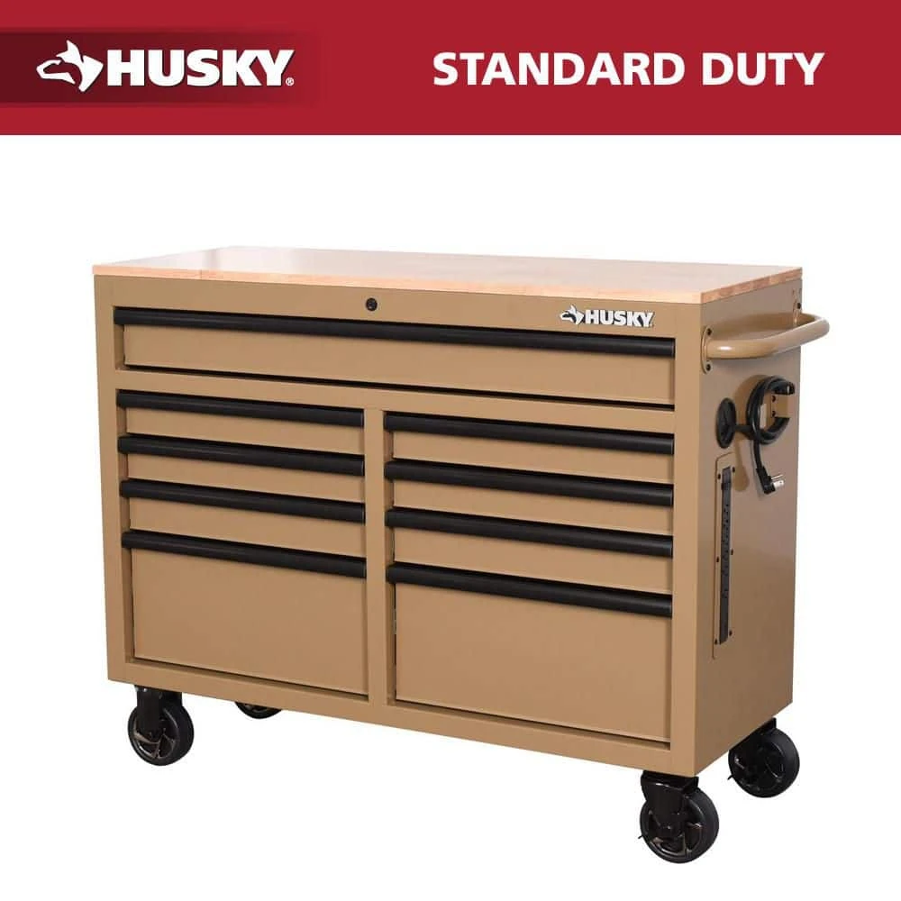 Husky Standard Duty 46 In. W X 18 In. D 9-Drawer Gloss Tan Mobile Workbench Cabinet With Solid Wood Top 3 Husky Standard Duty 46 In. W X 18 In. D 9-Drawer Gloss Tan Mobile Workbench Cabinet With Solid Wood Top