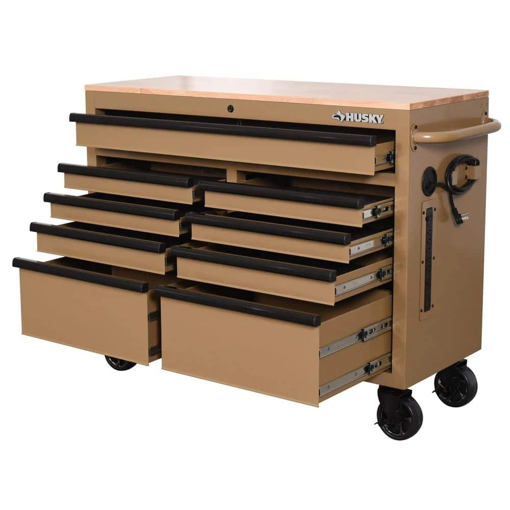 Husky Standard Duty 46 In. W X 18 In. D 9-Drawer Gloss Tan Mobile Workbench Cabinet With Solid Wood Top 4 Husky Standard Duty 46 In. W X 18 In. D 9-Drawer Gloss Tan Mobile Workbench Cabinet With Solid Wood Top - Image 2