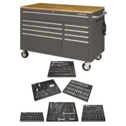 Husky 52 In. W X 25 In. D 9-Drawer Gloss Gray Mobile Workbench Tool Chest With Mechanics Tool Set In Foam (370-Piece)