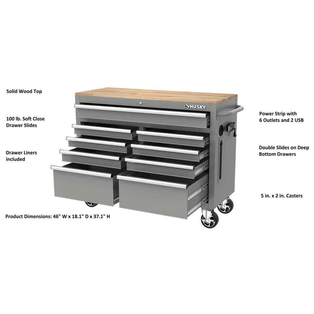 Husky Tool Storage 46 In. W Gloss Gray Mobile Workbench Cabinet 5 Husky Tool Storage 46 In. W Gloss Gray Mobile Workbench Cabinet - Image 3
