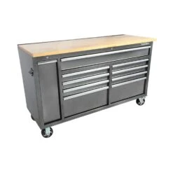 Husky 61 In. W X 24 In. D Standard Duty 10-Drawer Mobile Workbench Tool Chest With Sliding Bin Storage Drawer In Silver -Husky Tools Shop gloss gray with silver trim husky mobile workbenches h61mwc10sr 4f 1000