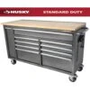 Husky 61 In. W X 24 In. D Standard Duty 10-Drawer Mobile Workbench Tool Chest With Sliding Bin Storage Drawer In Silver