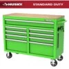 Husky 46 In. W X 18 In. D 9-Drawer Gloss Green Mobile Workbench Cabinet With Solid Wood Top -Husky Tools Shop gloss green husky mobile workbenches h46x18mwc9grn 64 1000