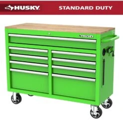 Husky 46 In. W X 18 In. D 9-Drawer Gloss Green Mobile Workbench Cabinet With Solid Wood Top