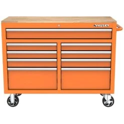 Husky 46 In. W X 18 In. D 9-Drawer Gloss Orange Mobile Workbench Cabinet With Solid Wood Top -Husky Tools Shop gloss orange husky mobile workbenches h46x18mwc9org 40 1000